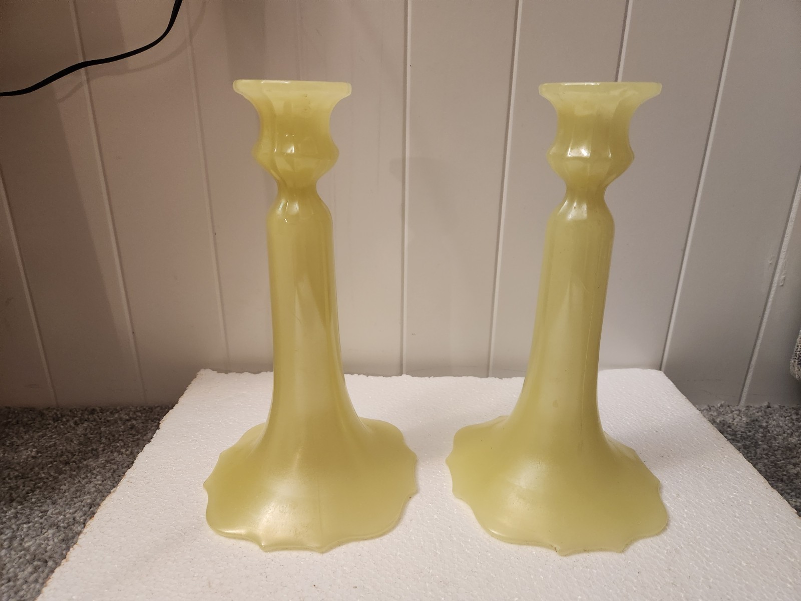 U.S. Glass Mandarin Yellow Uranium Glass 9″ Candlestick Holders – Pair