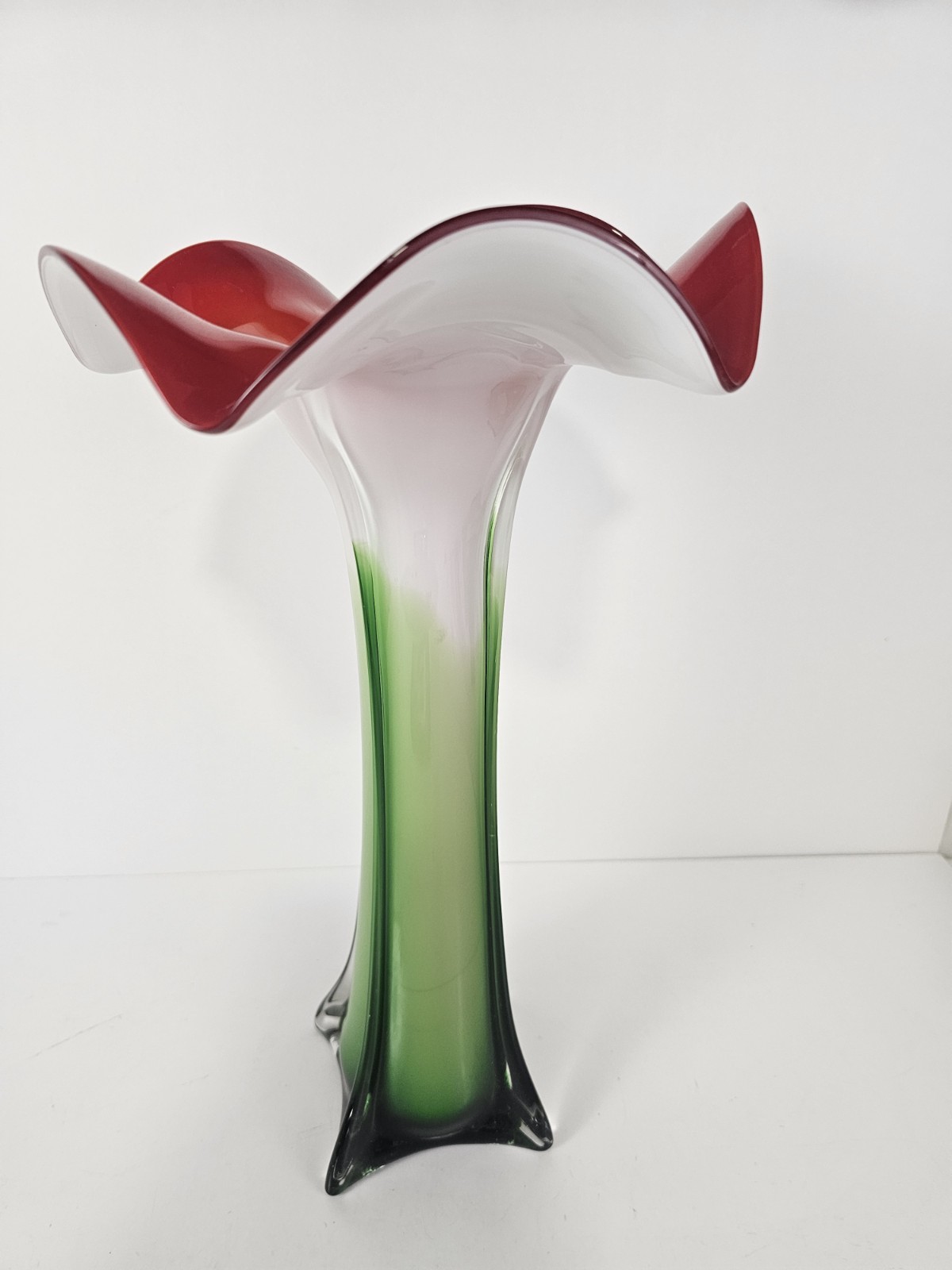 Vintage Hand Blown Tulip Vase Cased Art Deco Glass Trumpet Red White Green 14.5″