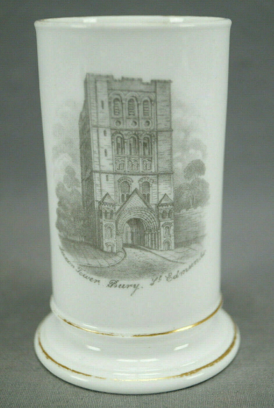 British Saxon Tower Bury St Edmunds Bat Print & Gilt Bone China Spill Vase C1820