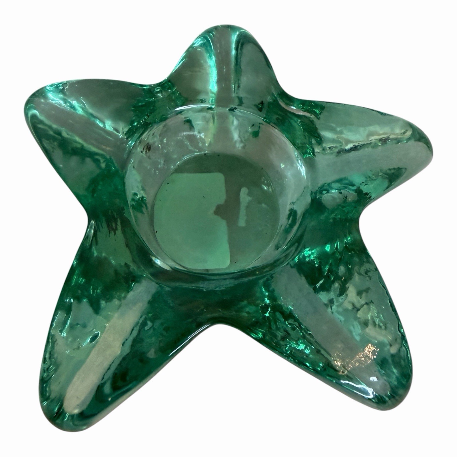 2 VTG VIDRIOS SAN MIGUEL STAR CANDLE HOLDERS GREEN TEAL RECYCLED ART GLASS