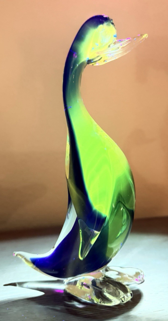 Murano Sommerso Art Glass Duck Figurine Cobalt Blue Green Italy MCM Vintage 60s