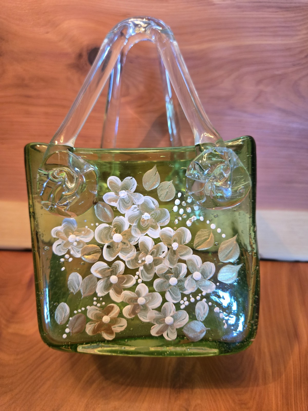 Green Glass Hand Painted Floral Decorative Basket with Handles, Used