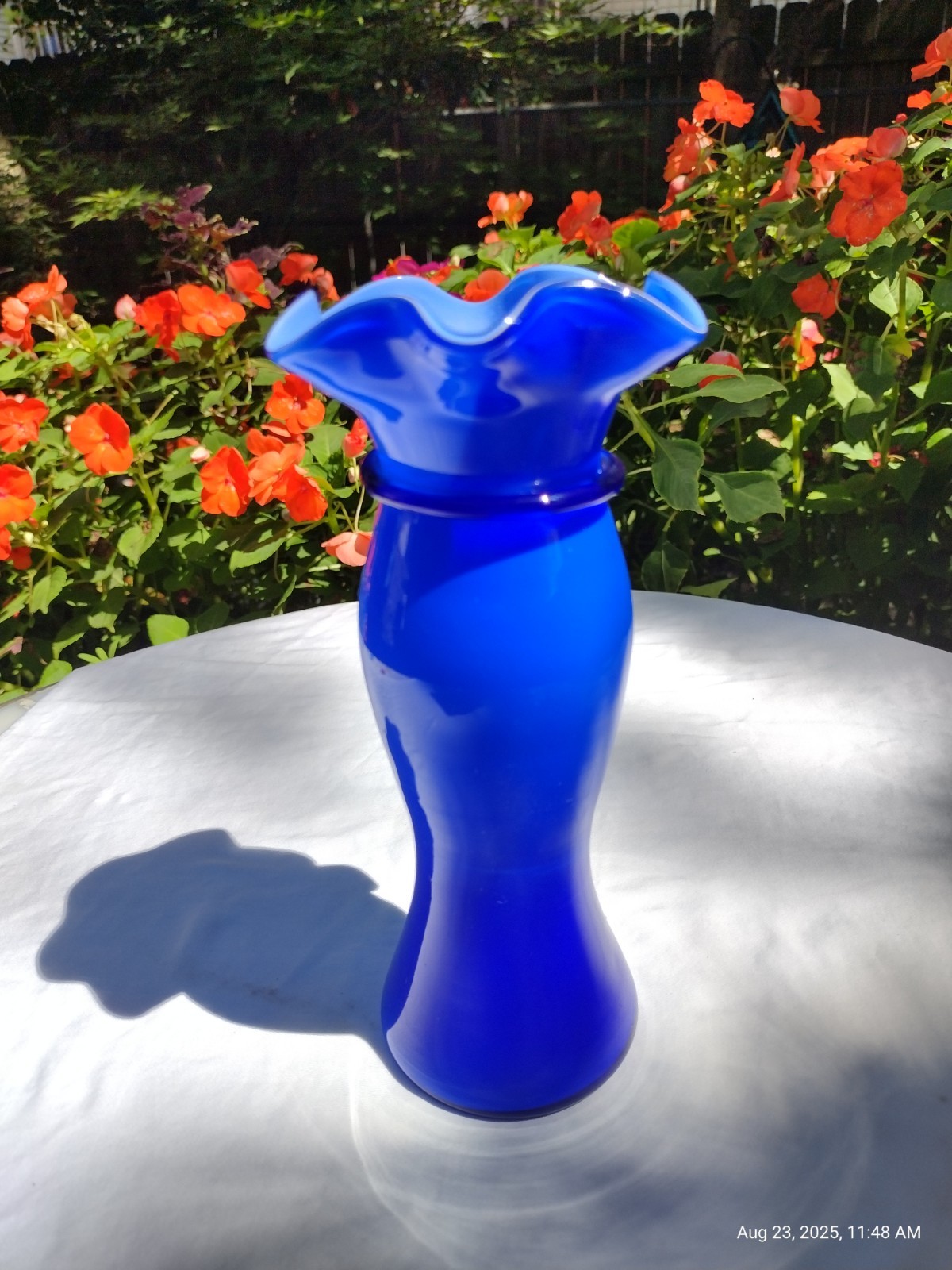 Cased Glass Vase Cobalt Hand Blown With Applied Bow 8.25″ Glows