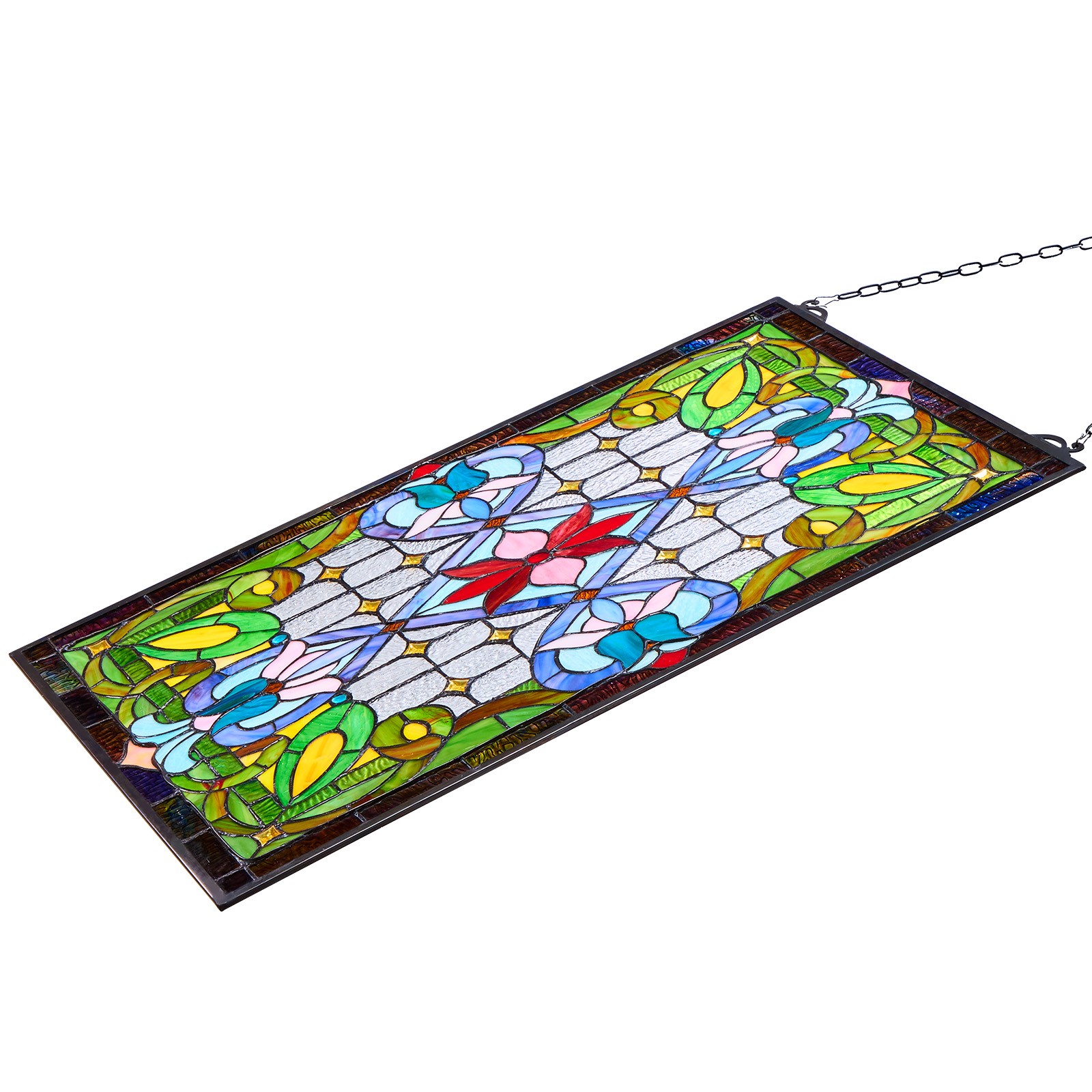 Uimoso Tiffany Style Stained Glass Hanging Panel with Chain, 17 x 29 Inches
