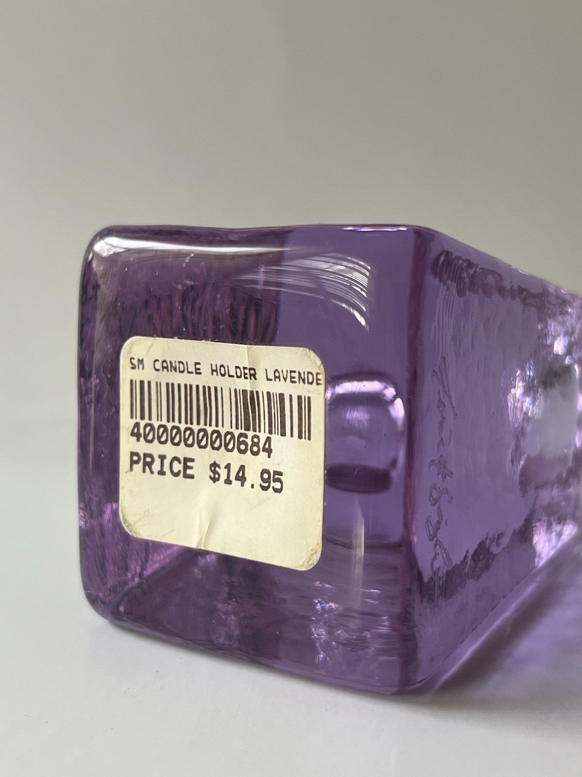 Fire and Light Lavender Neodymium Recycled Glass Candlestick Holder With Label