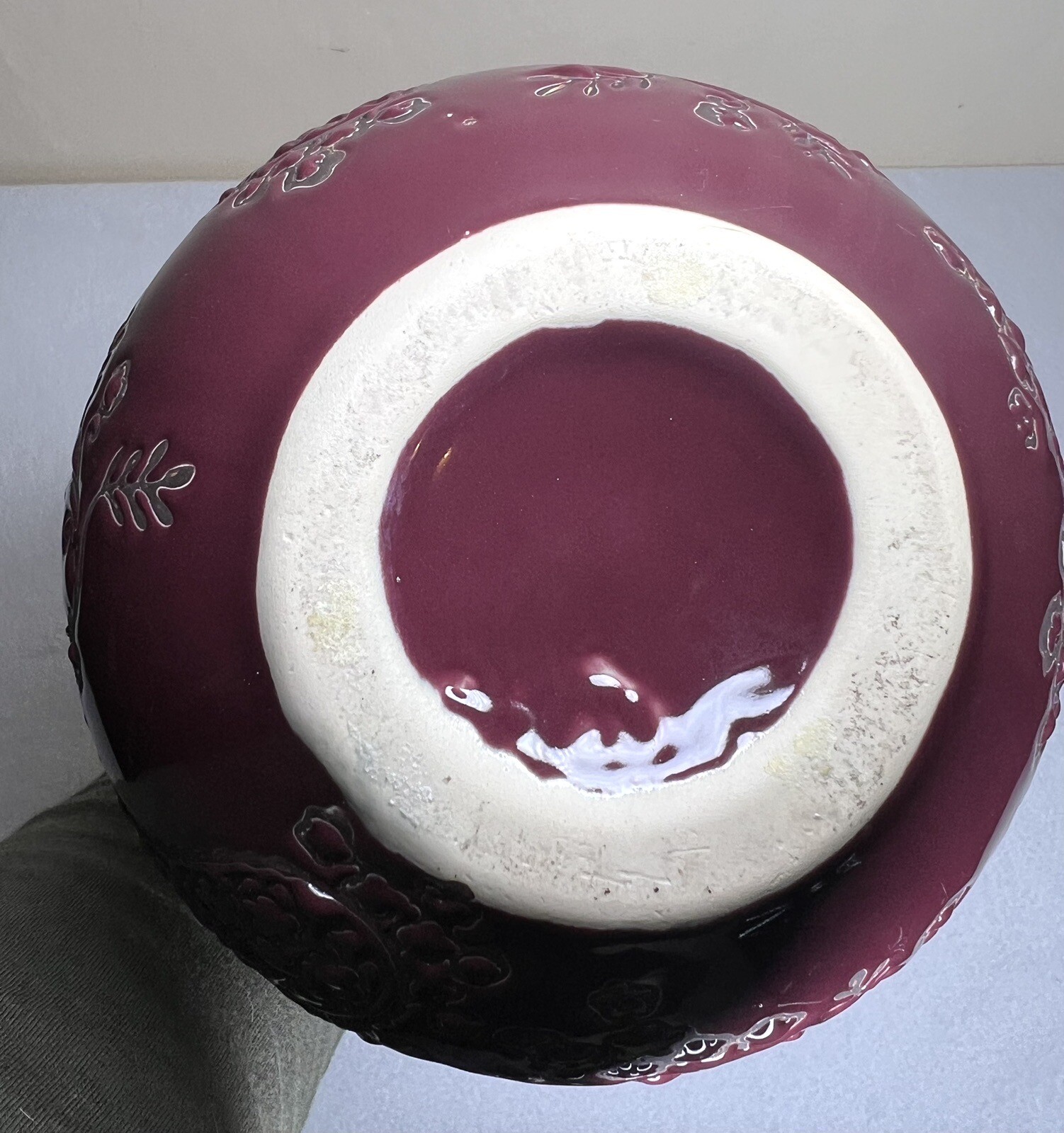 Large Ceramic Art Vase Maroon Etched Floral Pear Shaped 13.75” Eclectic Boho