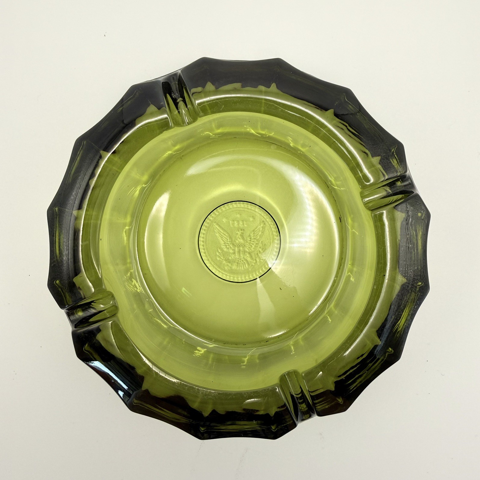 Vintage Fostoria Ashtray Olive Green Glass 1887 Eagle US Presidential Seal