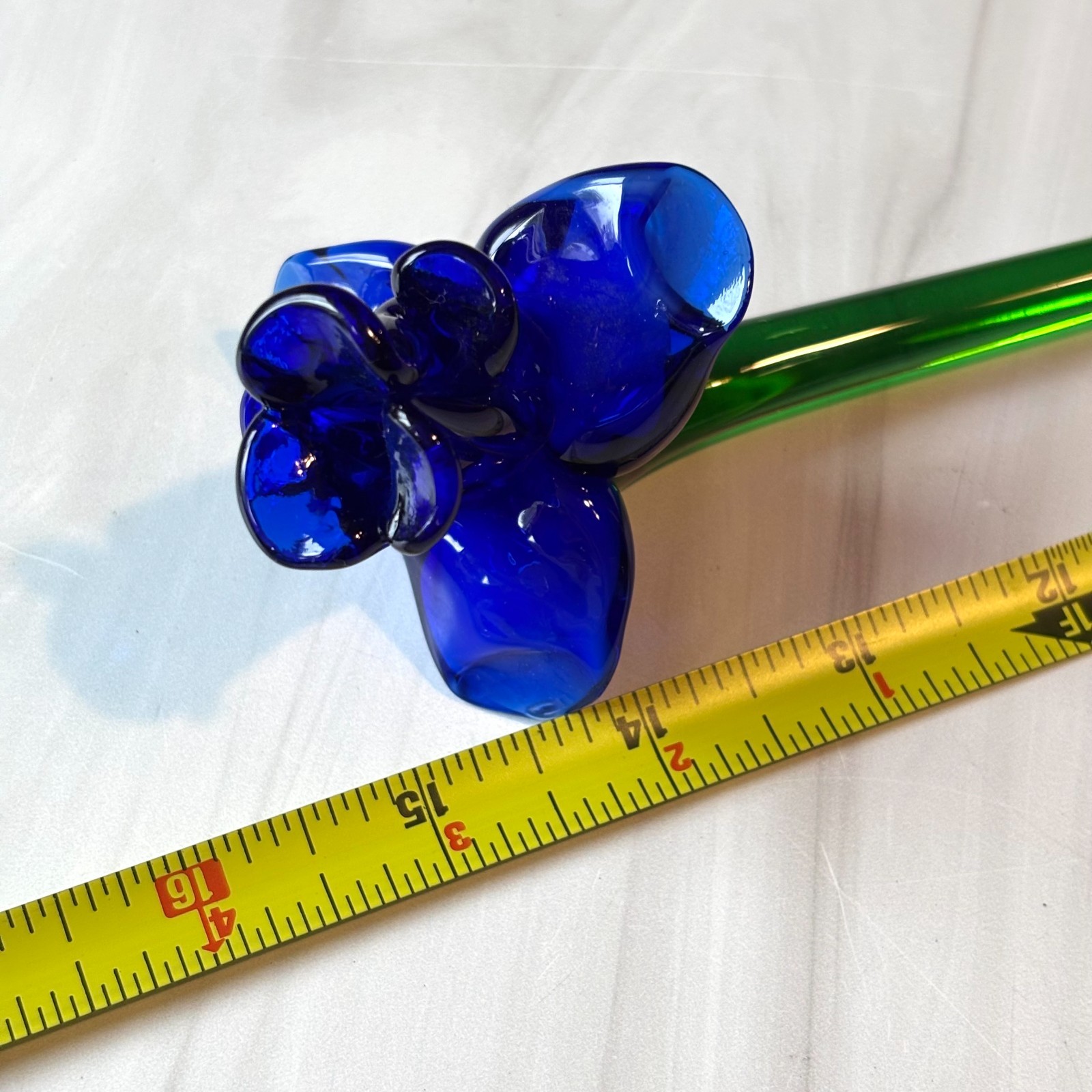 Single 15″ Long Hand Blown Glass Cobalt Blue Daffodil Flower Green Stem