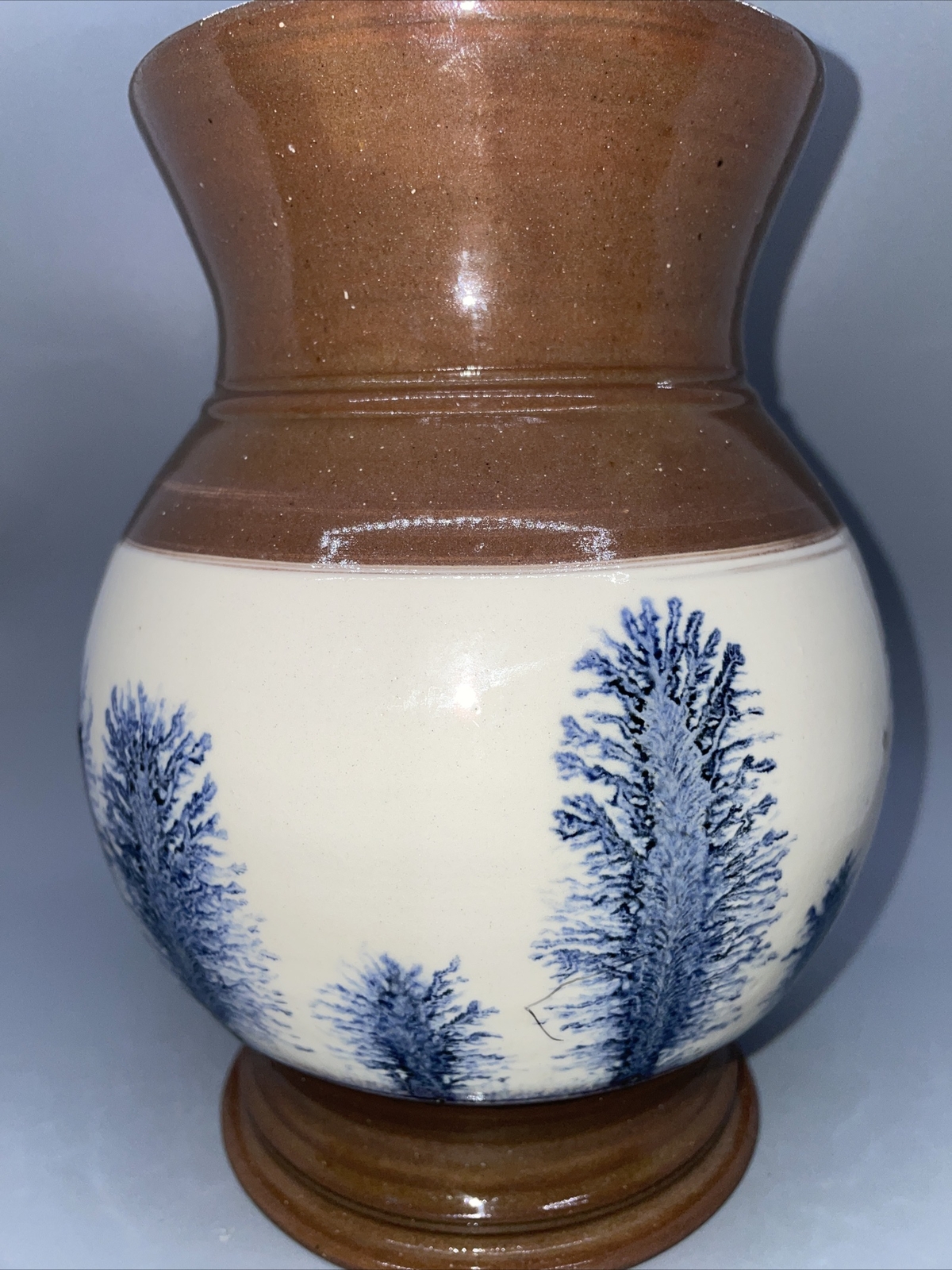 SIGNED STUDIO ART POTTERY VASE WITH ABSTRACT TREES BROWN BLUE 8″ TALL NICE!