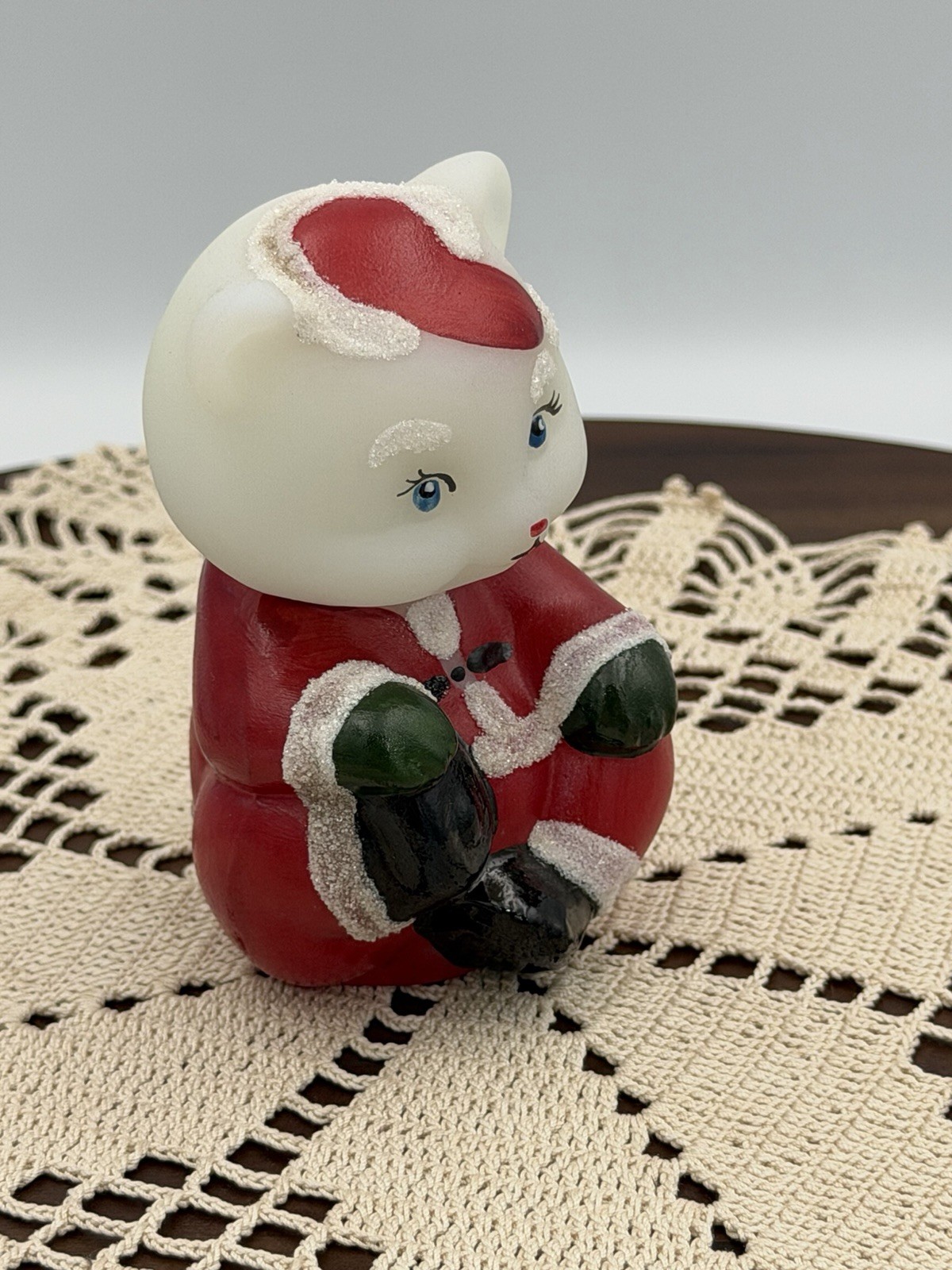 FENTON SANTA CLAUS CHRISTMAS SITTING BEAR WITH FRIT HAND PAINTED BY M. LEMON