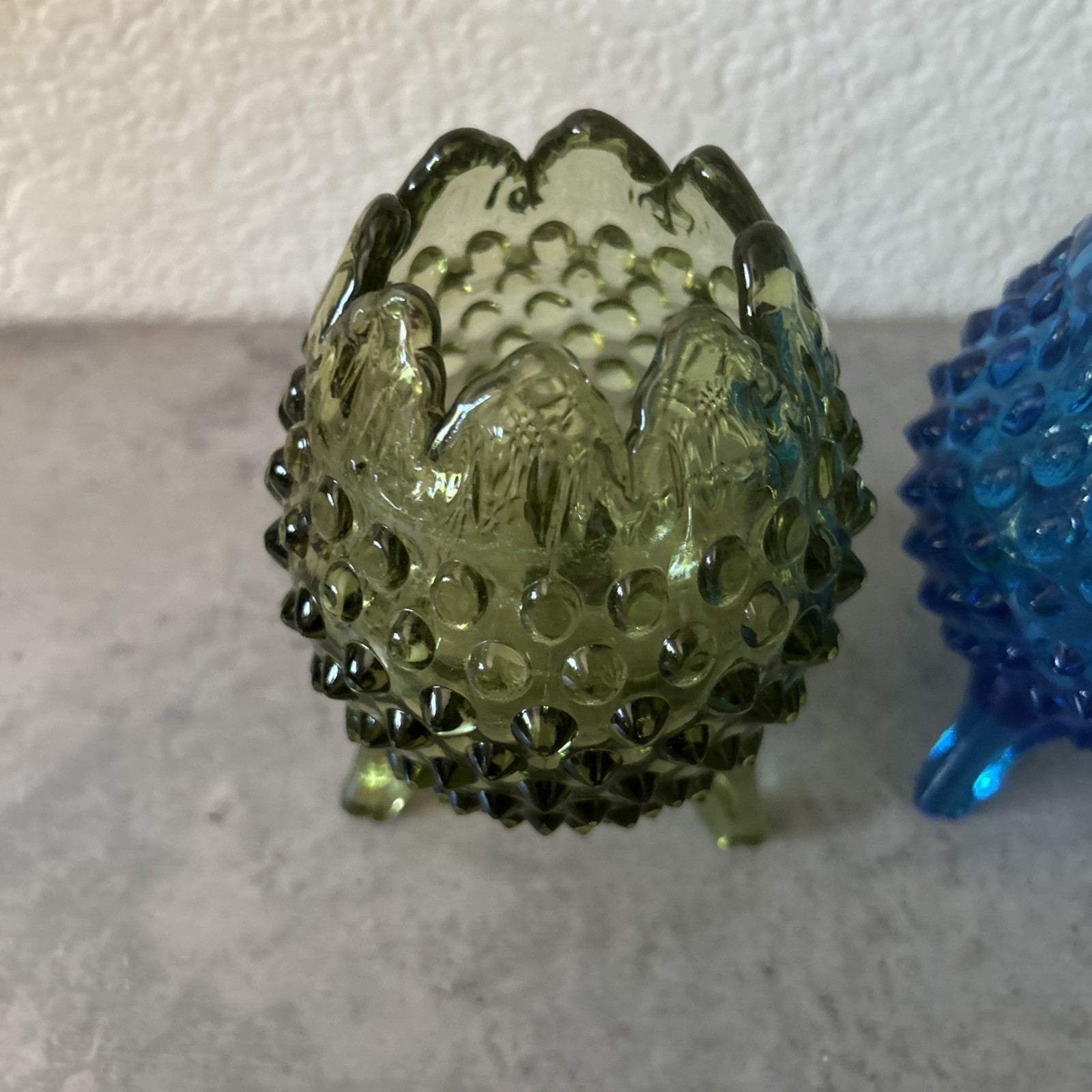 2-Vintage Colonial Blue & Green Hobnail Glass 3 Footed Egg Vases Fenton?