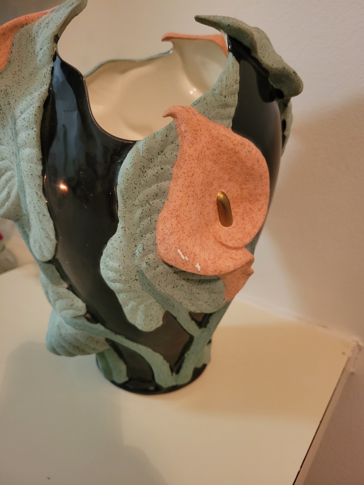 Postmodern Studio Pottery Calla Lily Vase Black Glossy MintGreen Peach 1990s Art