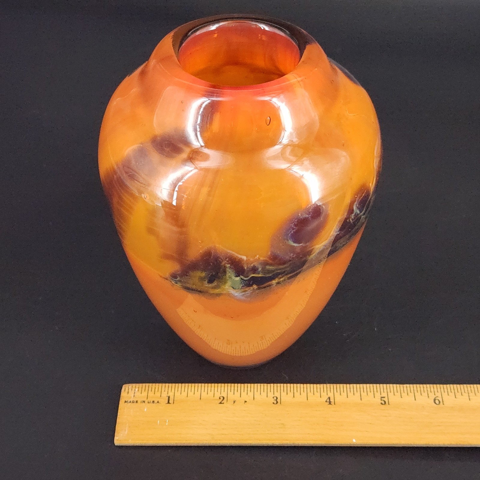 Vtg Signed “K.C.” Studio Art Glass Vase Orange W/ Red Swirls 6.5″ Tall 1981