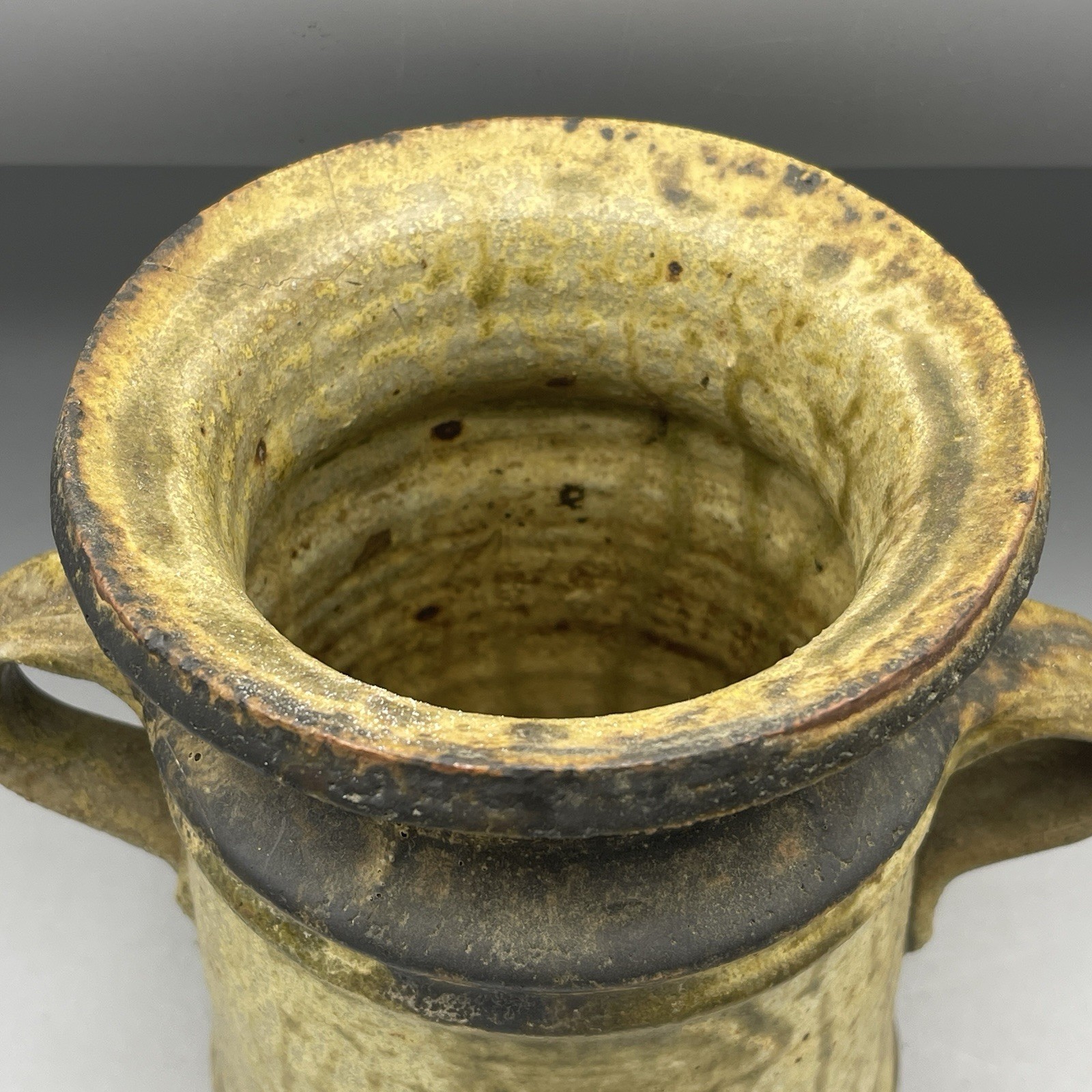 Midcentury Signed Ash Glaze Studio Pottery Vase W/ Handles 1964