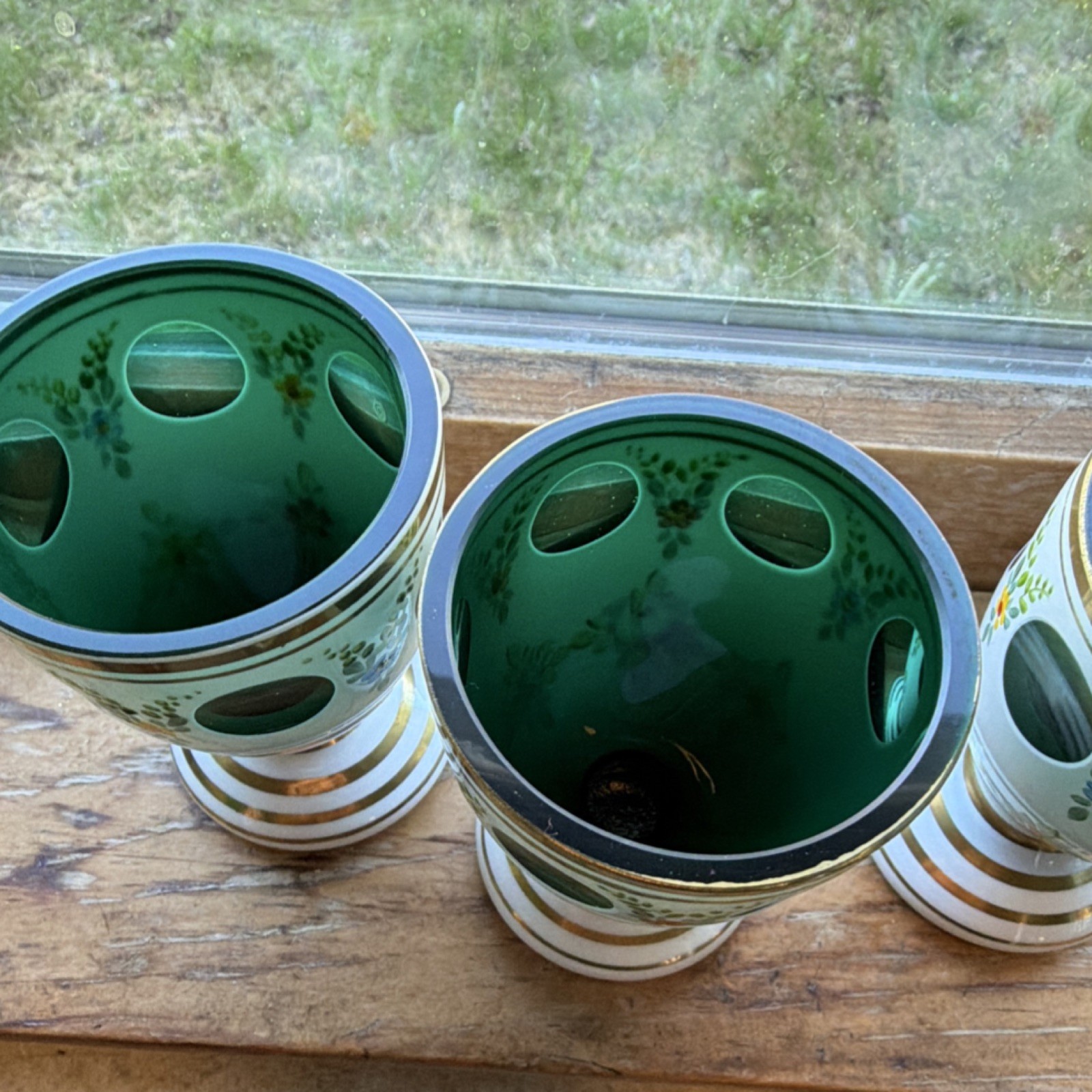 Set of 3 Green Overlay Glass Floral Vases Hand Painted Art Glossy Finish