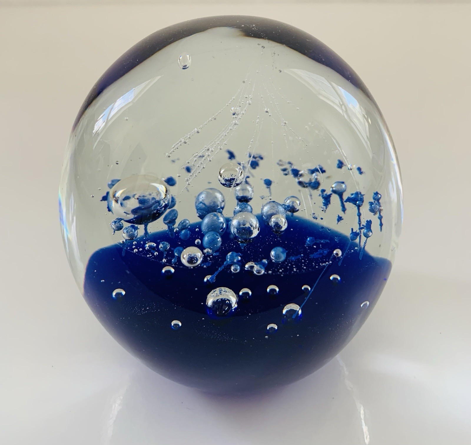 Vtg Art Glass Hand Blown Paperweight Cobalt Blue Controlled Bubbles/Fireworks