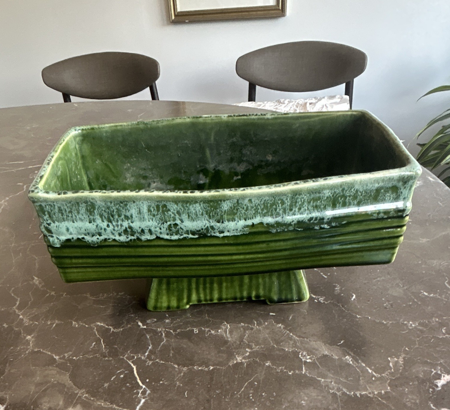 Green Ceramic Rectangular Planter with Pedestal Base, Drip Glaze Glossy