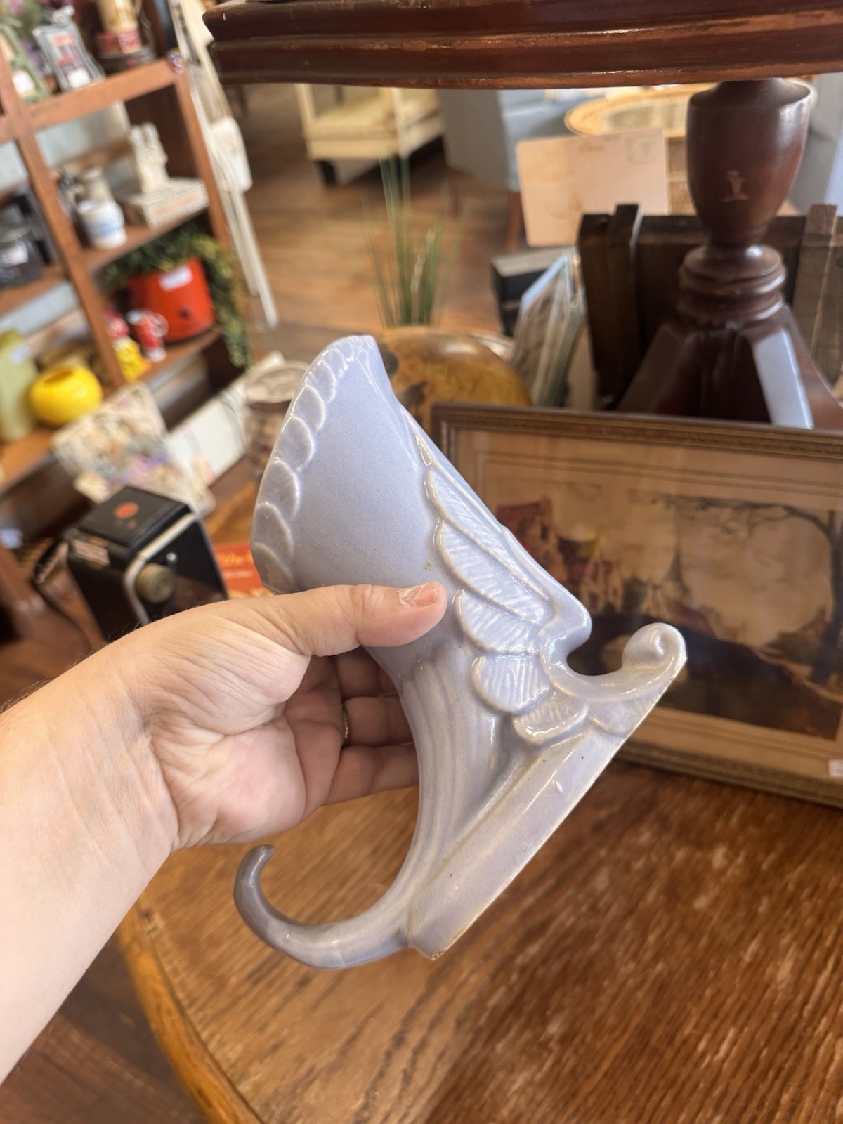 1940’s Niloak Art Pottery Blue Glaze Wing Cornucopia footed vase