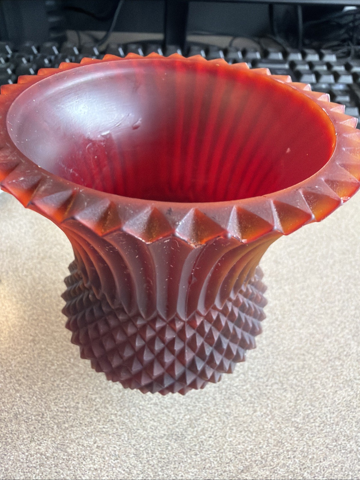 Vintage Faroy Red Glass Diamond Point Votive Candle Holder glows Like Uranium!