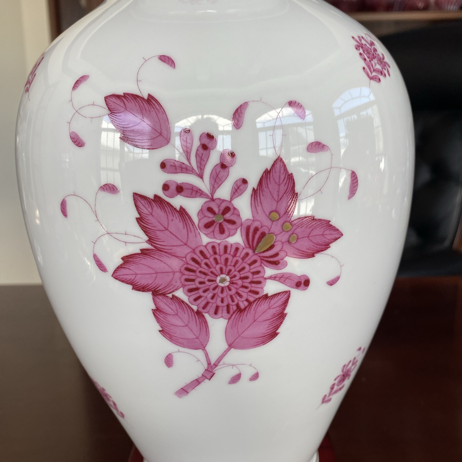 Incredible 12.5” Herend Vase in the Chinese Bouquet Apponyi Raspberry. 24K Gold