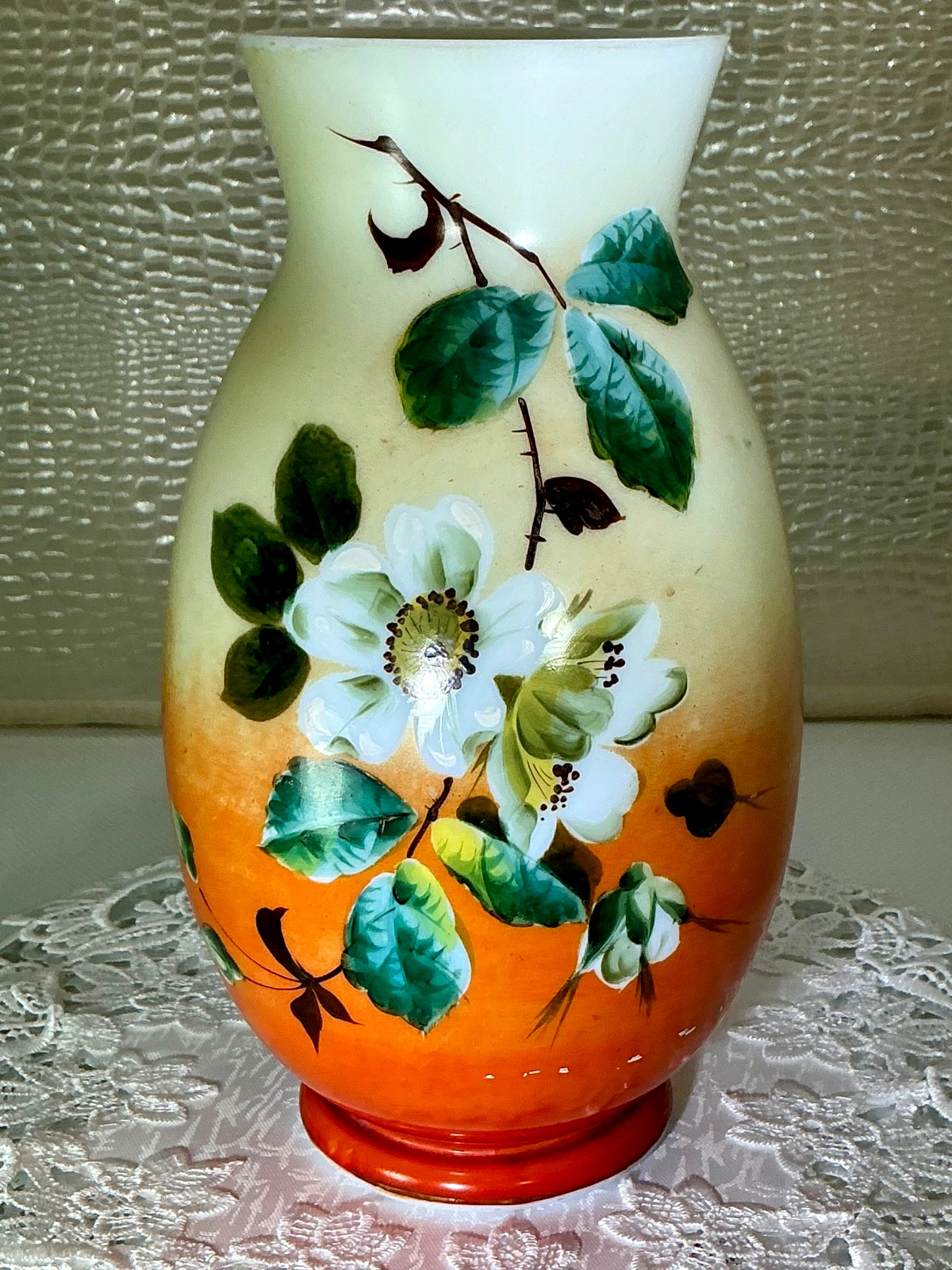 Antique 19th.c Bohemia 10 1/2” Art Glass Hand Painted White Wild Rose Vase