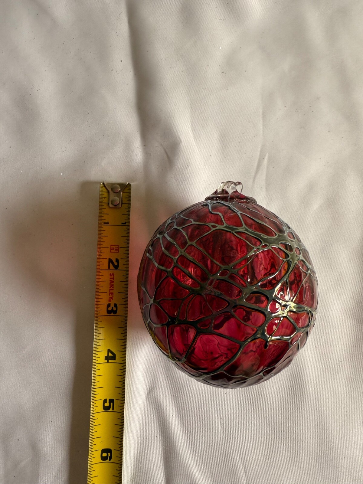 Hand Blown Art Glass Ball approx. 4” Suncatcher Red Web Gray ornament