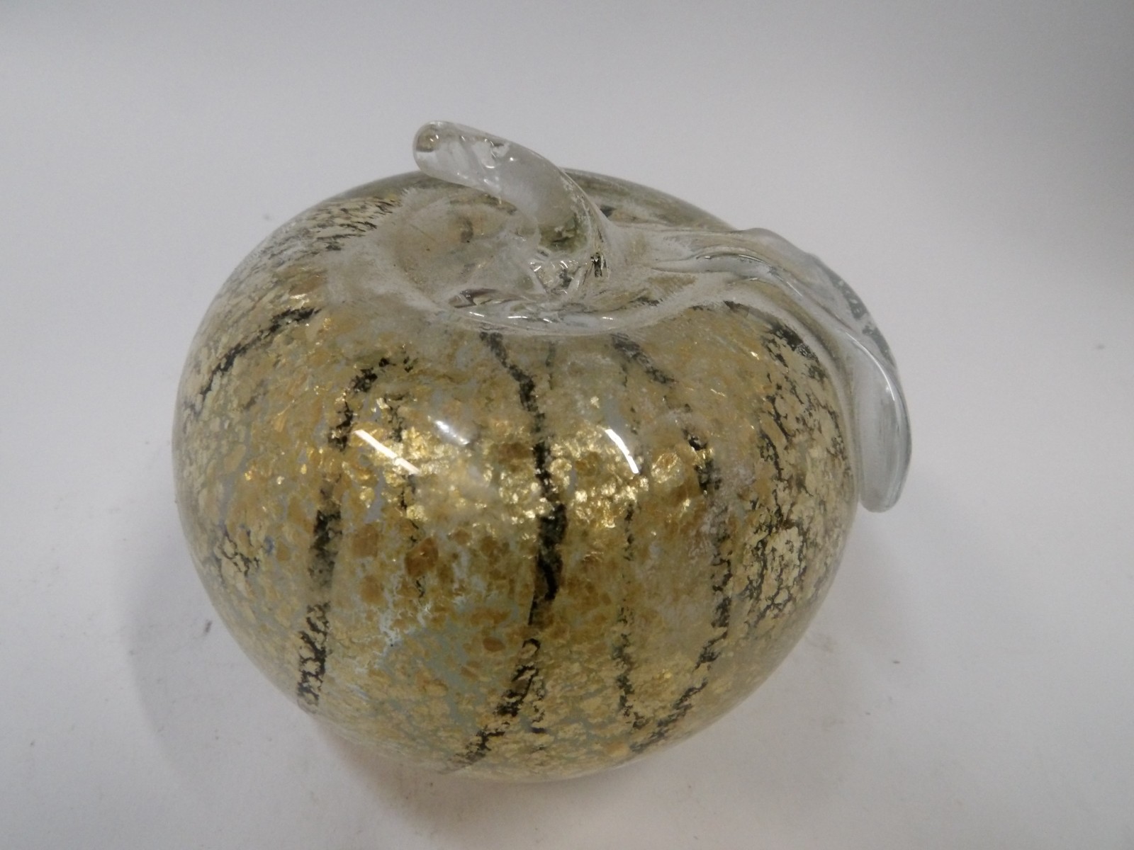 Glass Apple Figurine Paperweight Black Gold Stripes inside Vintage