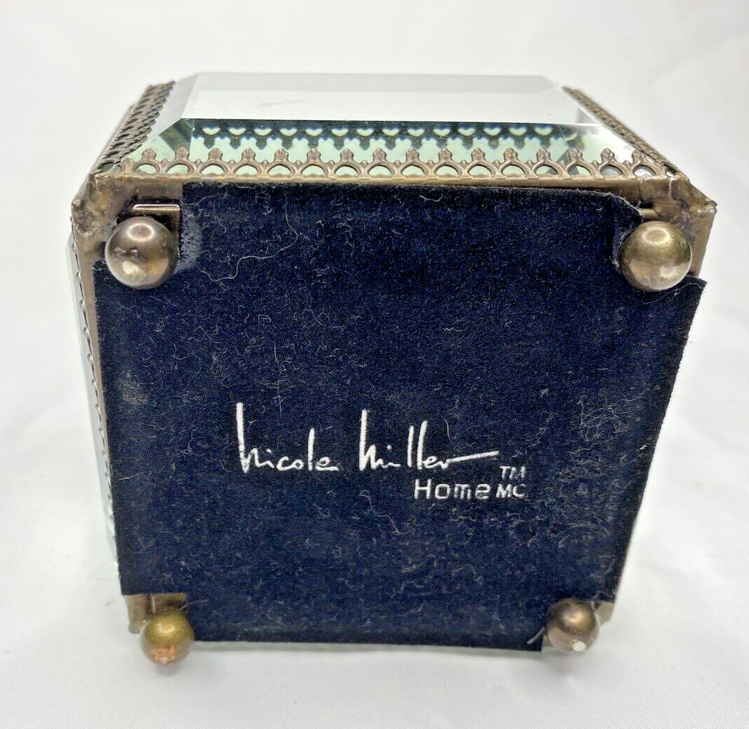 Nicole Miller Antiqued Brass Ormolu Beveled Glass Footed Jewelry Box