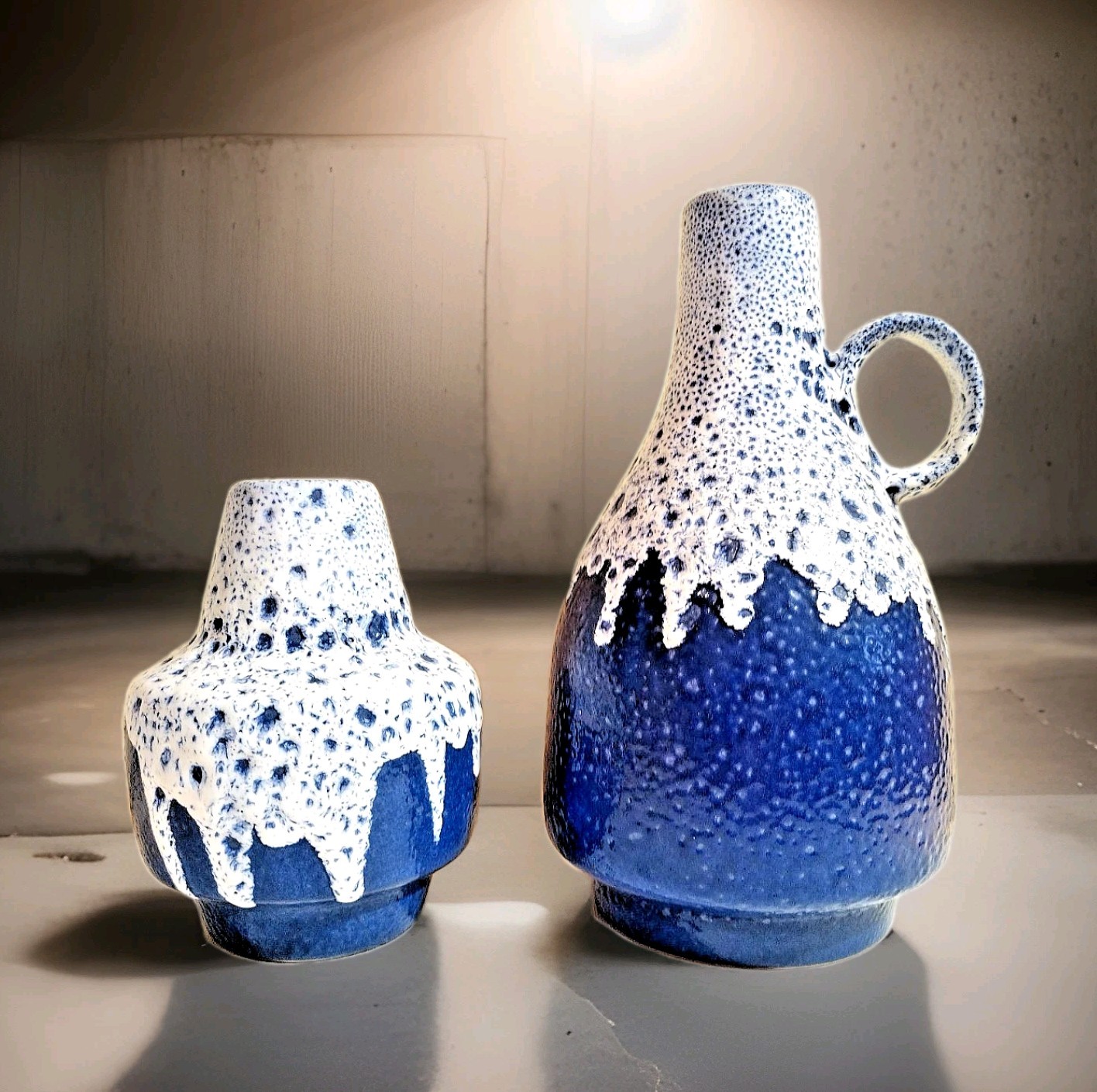 Vintage ES Keramik Pair Blue & White Lava Glaze West Germany Pottery Vases