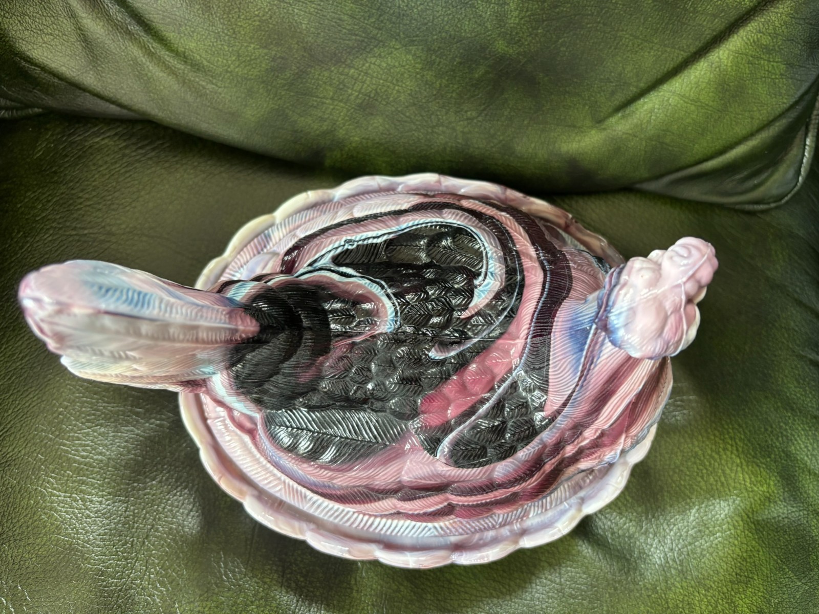 Large Vintage Slag Glass Hen on Nest, Gorgeous Swirls in Purple and White