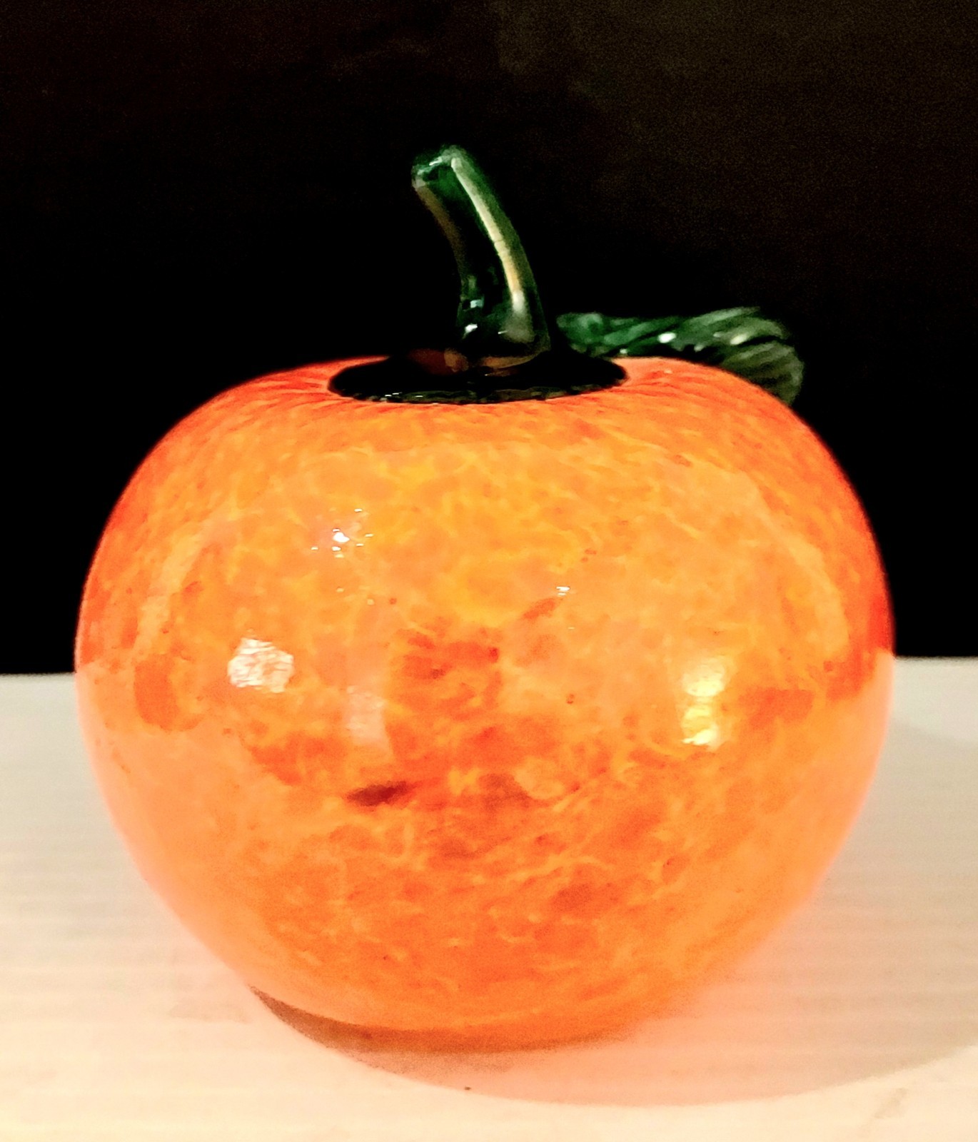 Glass Orange Fruit Hand Blown Art Glass Paperweight Green Stem Vintage