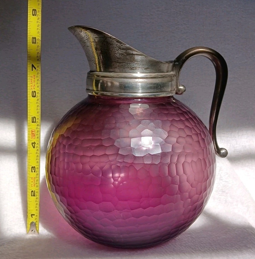 Murano Venini Battuto Amethyst Glass Honeycomb Pitcher w/ Silverplate Mount