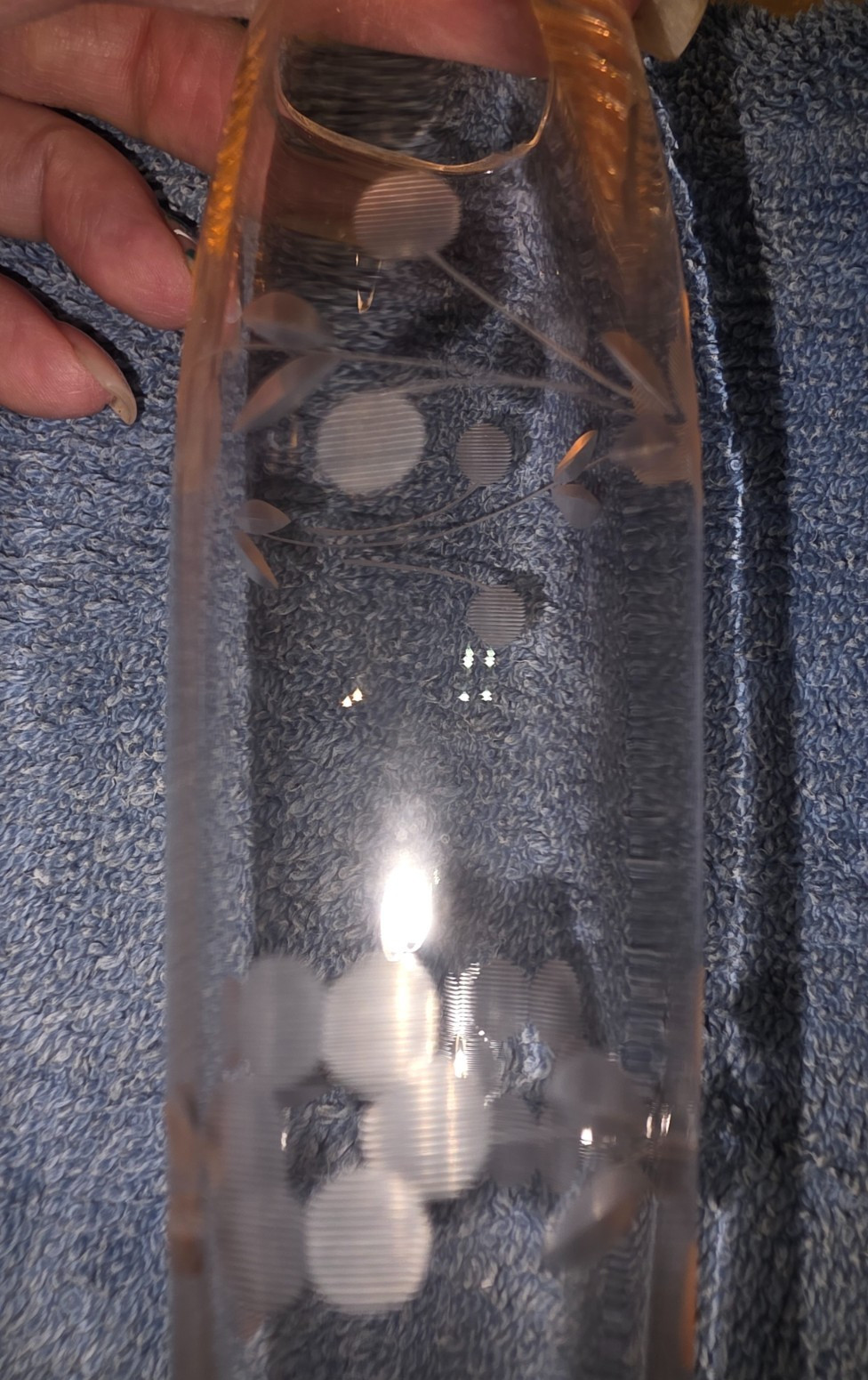 Etched Glass Tall Stemmed Vase or Champagne Flute Amber Stem Floral 10” Vintage