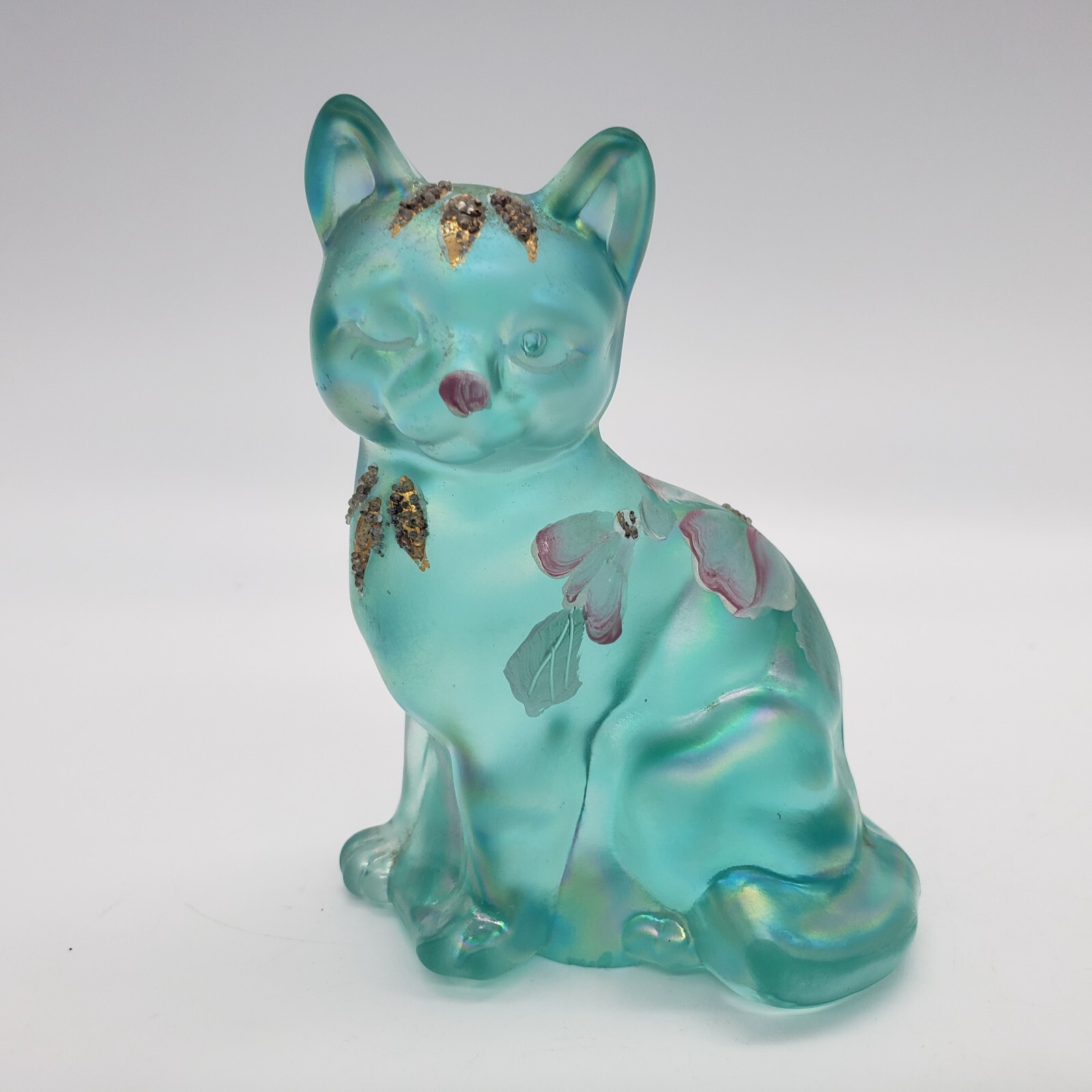 Fenton Art Glass Sitting Cat Figurine Robins Egg Blue Iridized Satin Signed