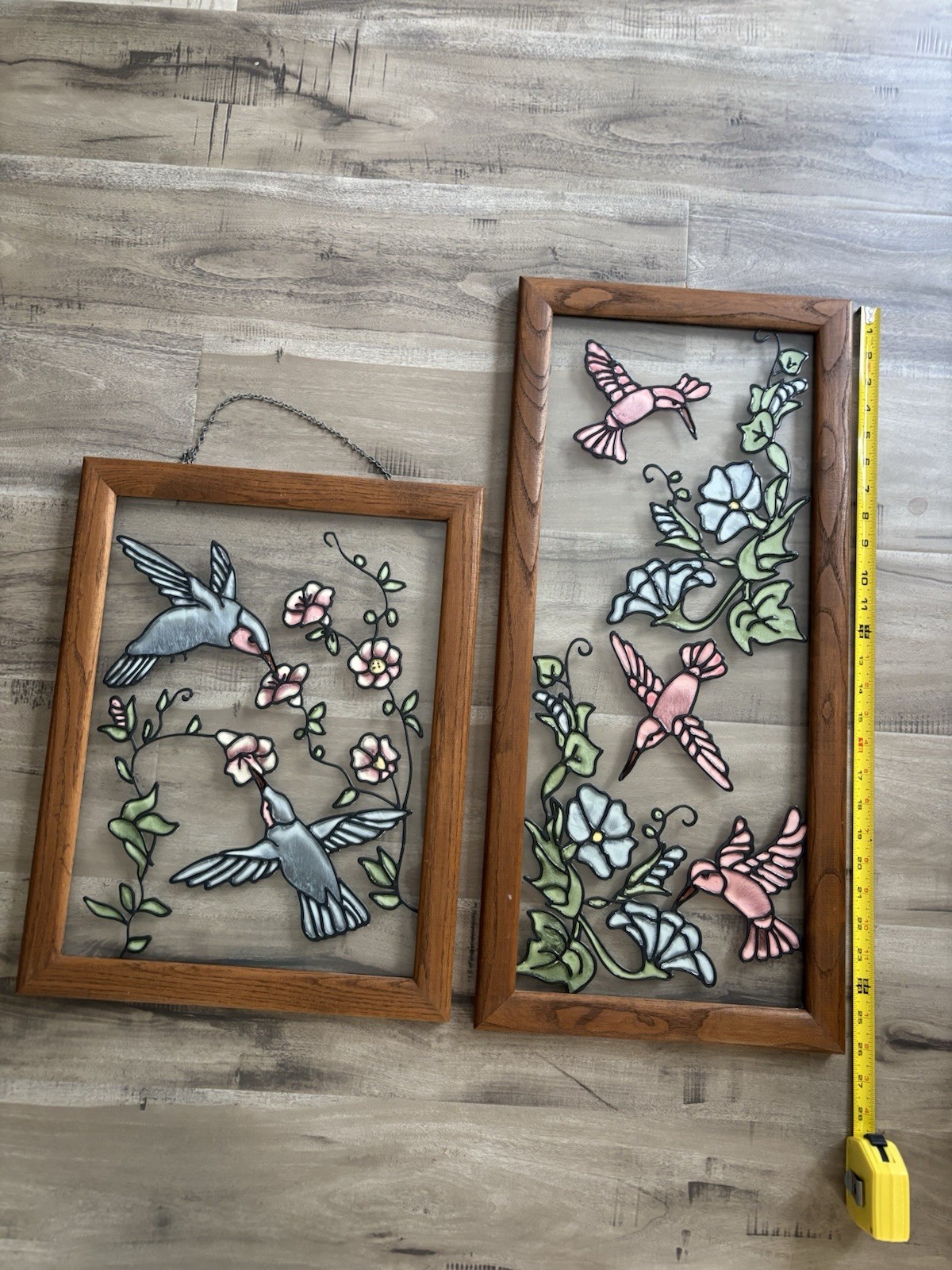 2 Beautiful Painted Glass Hummingbird Flower Wood Framed Wall Art Vintage