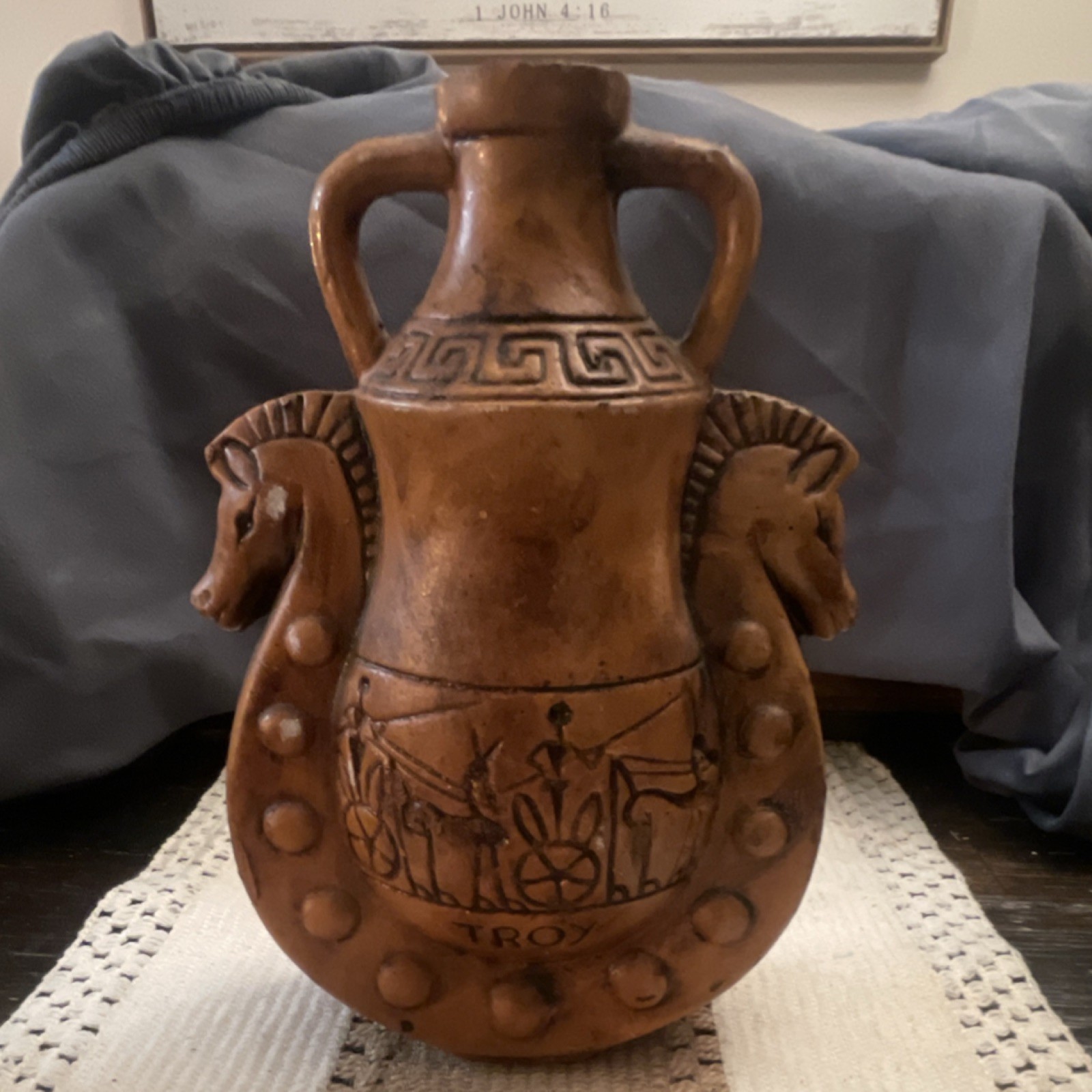Greek Trojan Horse Pottery Vase with Horse Head Handles Decorative Matte Brown