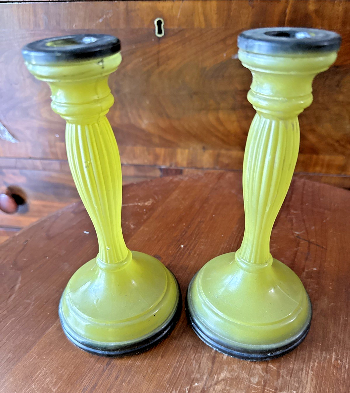 Indiana Glass Finely Ribbed Candlestick Holder Yellow Black Trim Art Deco 1920