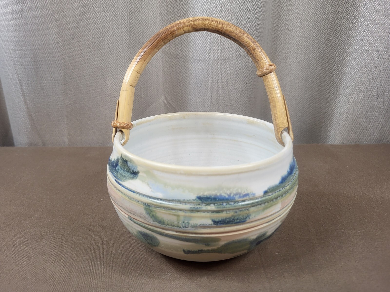 Studio Art Pottery Basket Bowl With Rattan Handle Artist Signed