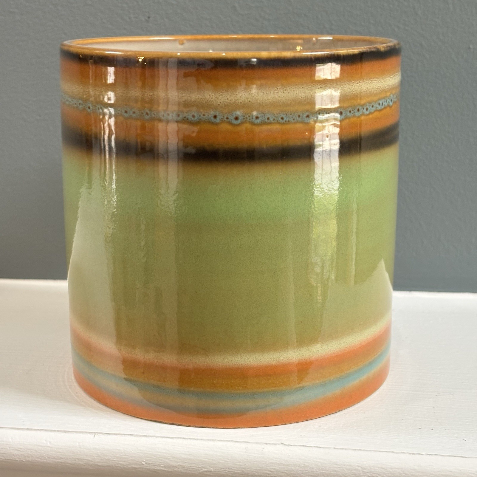 MCM Multi-Colored Hand Painted Glazed Crock Vase 5-1/8” Tall & Diameter