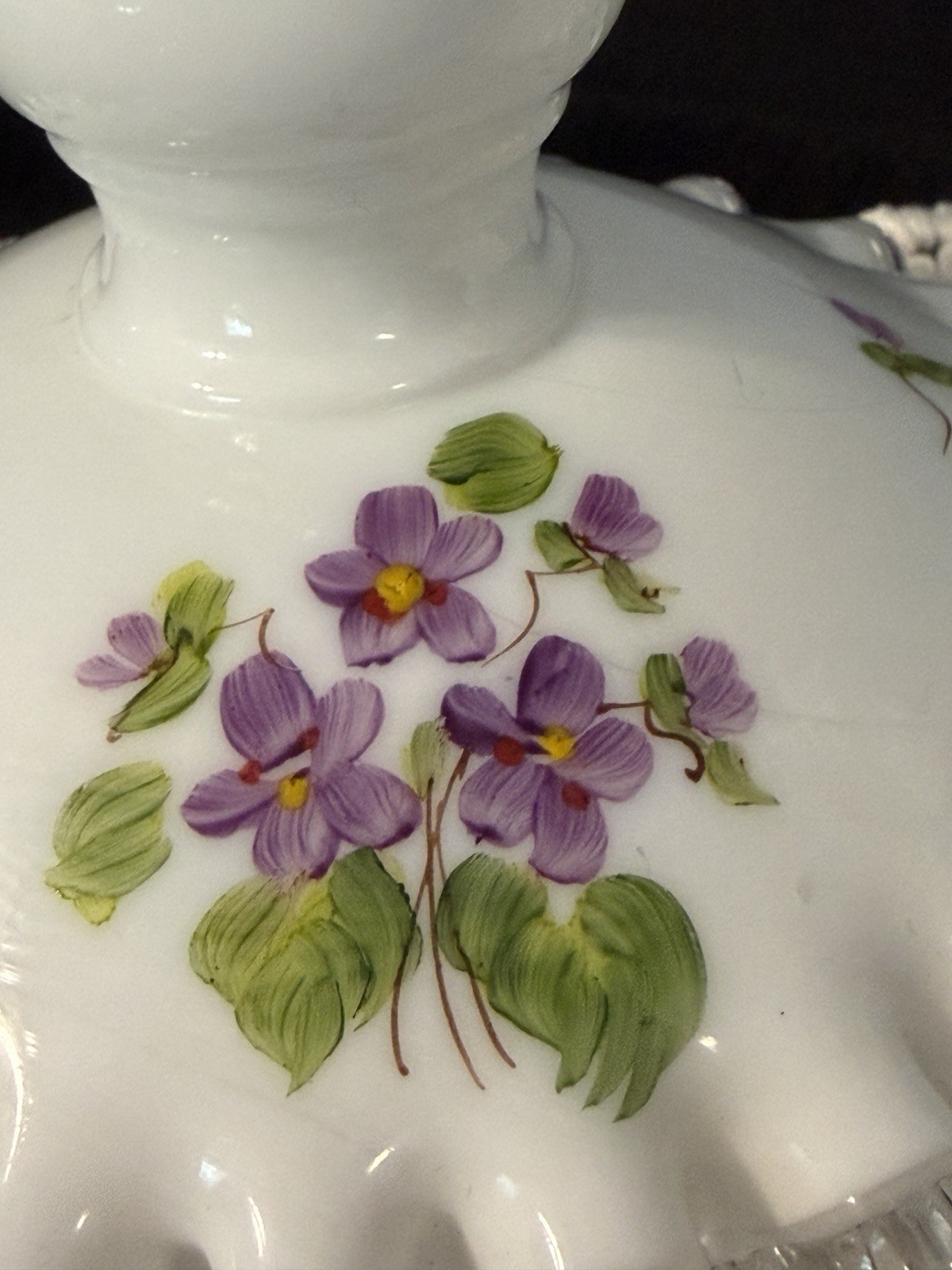 ◇2 Fenton Silver Crest Violets in The Snow Milk Glass Handpainted Candlesticks