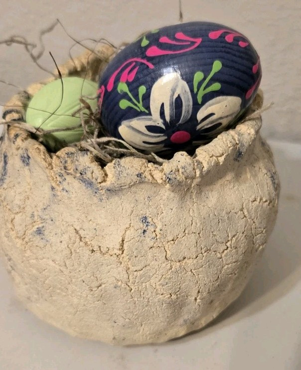 Pottery Bowl With Two Easter Eggs Floral Rustic Decorative Basket