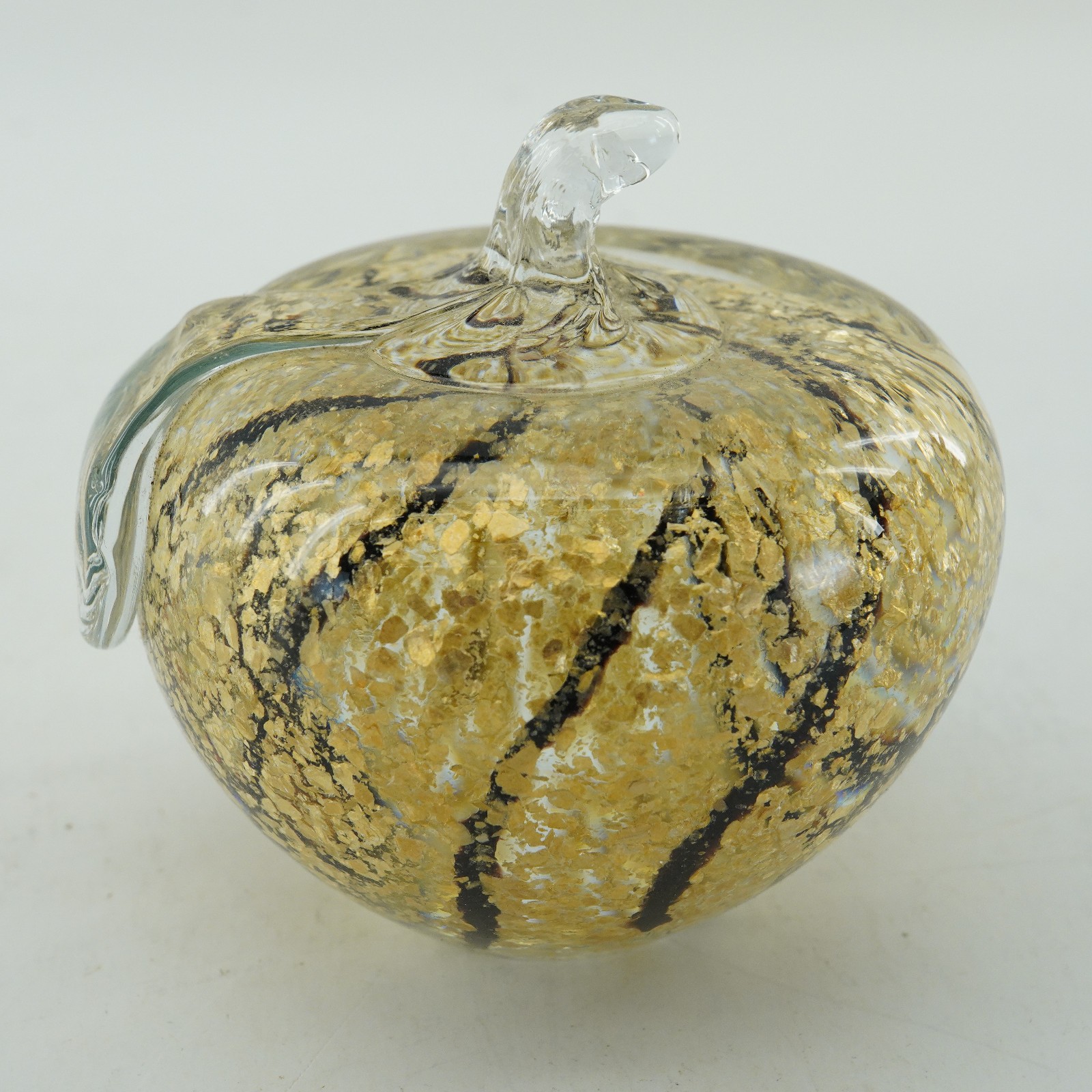 Art glass Multi Abstract clear Apple Paper Weight 2.25 In Decor desk gold black