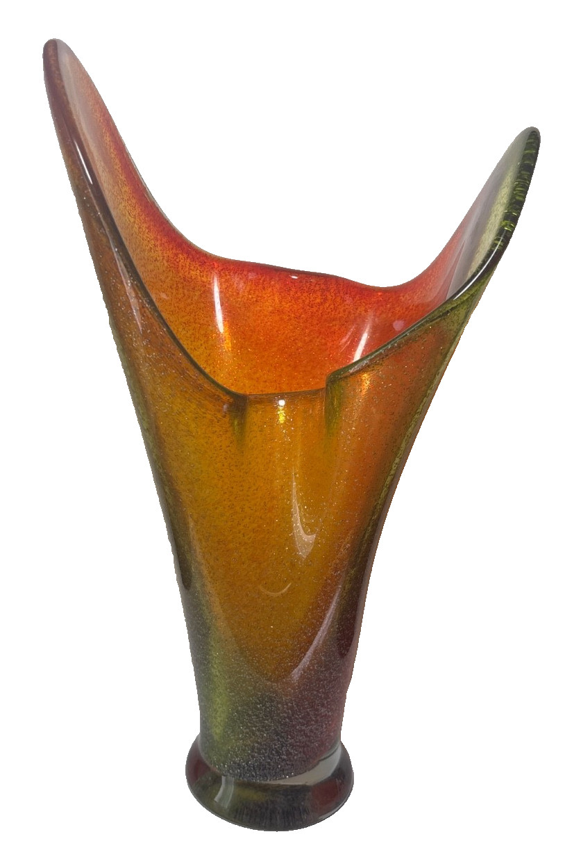 Sahara Vase Mihai Topescu Murano Style Flared Red Yellow Green 17″