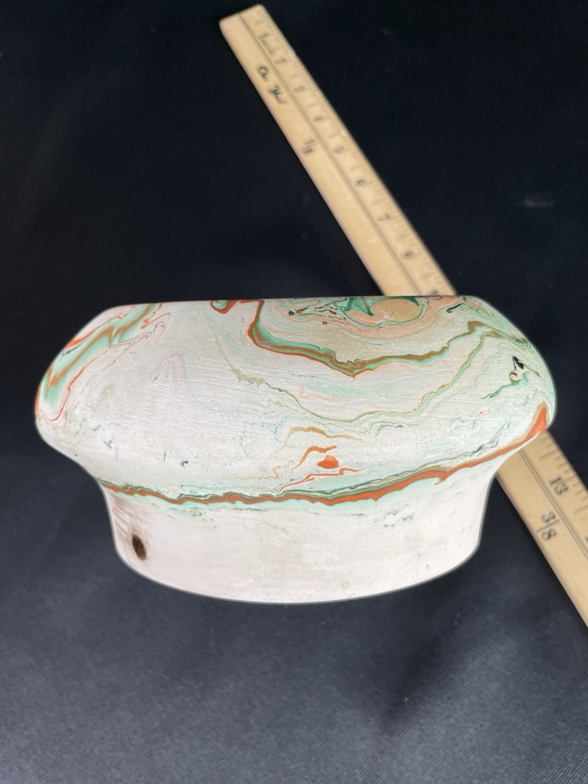 Vintage Nemadji Pottery USA Hanging Planter Pot wit Chain Swirled Orange Green