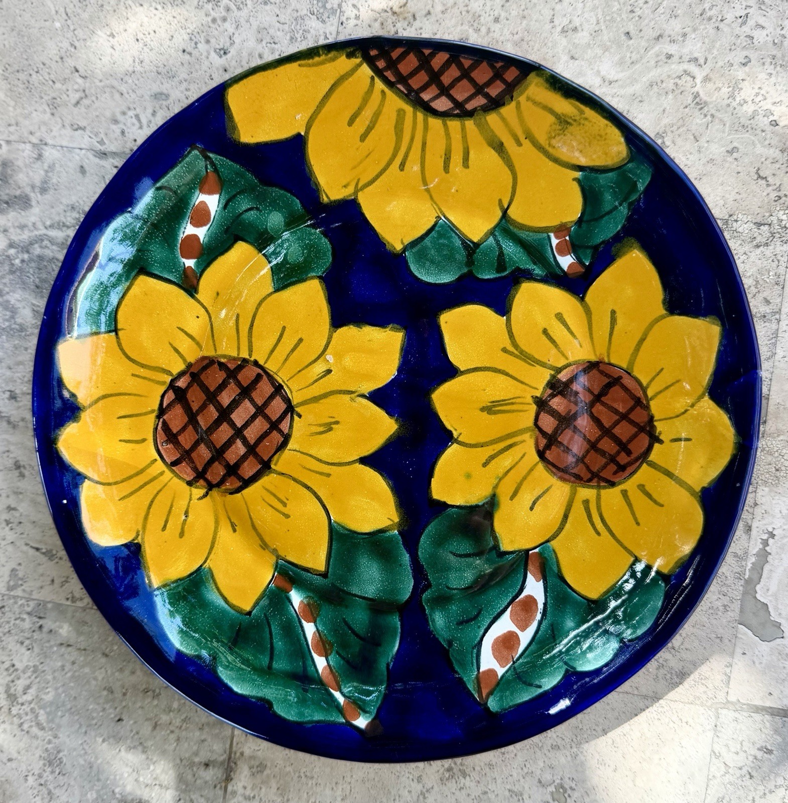 “Hand Painted Sunflower Ceramic Set Plate Mug Vase Folk Art Cobalt Blue Floral”
