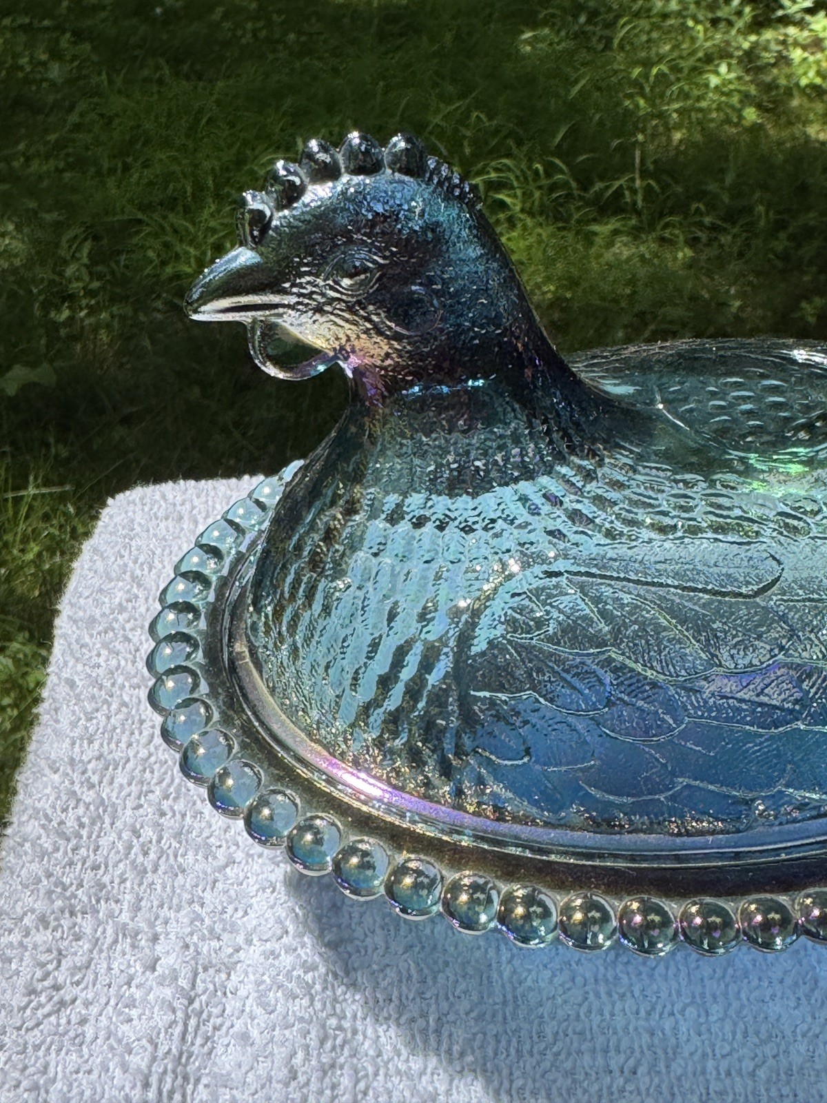 Indiana Glass Iridescent Blue Carnival Hen On a Nest Candy Dish 7″ Vintage