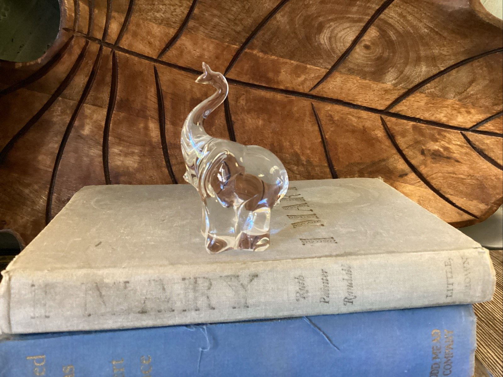Vintage Figurine Clear Glass Elephant Trunk Up Paperweight Chip On Mouth?