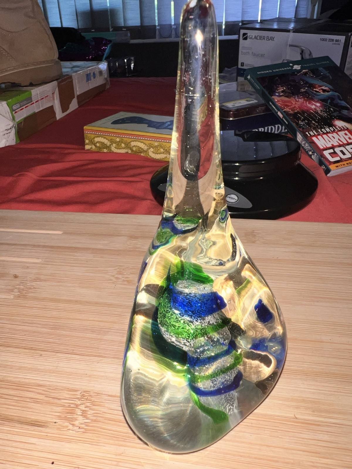 Hand Blown Art Glass Sculpture Abstract Blue Green Clear 3D Effect 6.5 in