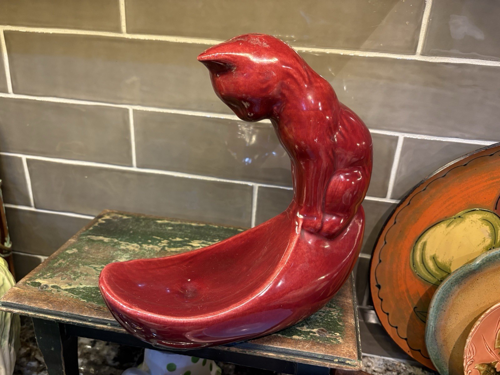 Vtg Camark/royal Haeger Cat Fish Bowl Holder Stand Red Glazed Cat Figurine