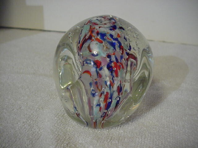 Vintage PAPERWEIGHT VASE – ART Glass – Egg Shape – Blues/Red-Orange/Tan/White